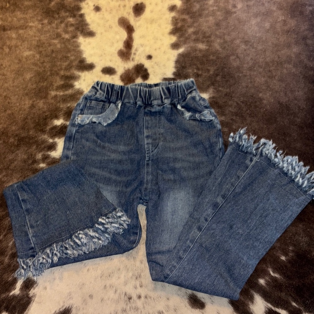 Blue Distressed Pull-On Jeans with Frayed Hem